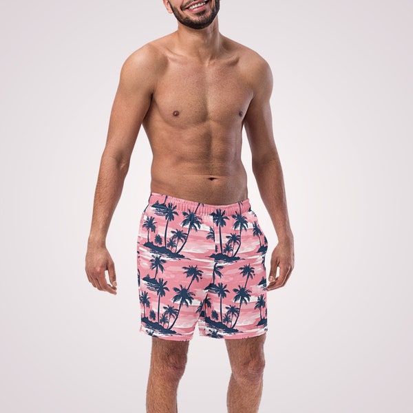 TROPISCHE BADEHOSE – Gefütterte Badehose für Herren mit rosa Palmen, Taschen und Sonnenschutz für Strandurlaub, Poolparty