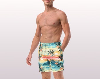 TROPICAL SWIM TRUNKS - Palm Trees Mens Lined Swim Trunks with Pockets and Sun Protection For Beach Vacation Pool Party