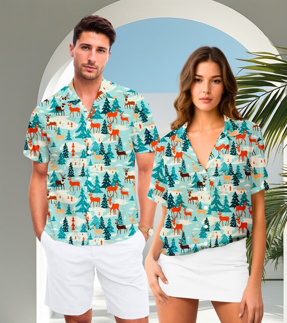 Couples Matching Christmas Hawaiian Shirt Short Sleeve Button up Collar Shirt for Xmas Party His Hers Clothing Gift for Couples Reindeer Etsy