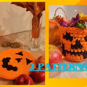 May include: An orange and black crocheted pumpkin basket filled with wrapped candies, next to a matching pumpkin-faced coaster. The image also includes apples, fall leaves, and the text "2 PATTERNS BUNDLE".