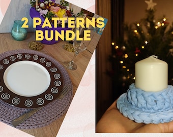 May include: Two crochet patterns for home decor. The first pattern is a purple and brown placemat with a white plate. The second pattern is a blue crocheted candle holder with a white candle.