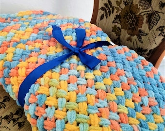 Colorful Plush Hand knit Baby Blanket, PREODER Soft Baby Blanket, Car Seat Blanket,  New Baby Gift, Handmade Crochet, Baby Shower