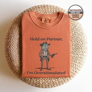 May include: Terracotta orange t-shirt with a cartoon frog wearing a cowboy hat and holding a gun. The text on the shirt reads "Hold on Partner, I'm Overstimulated."