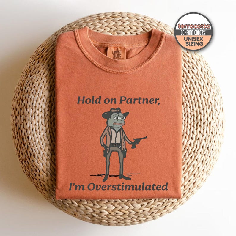 May include: Terracotta orange t-shirt with a cartoon frog wearing a cowboy hat and holding a gun. The text on the shirt reads "Hold on Partner, I'm Overstimulated."
