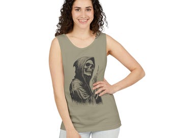 Camiseta sin mangas unisex con estampado de la Parca y el dedo medio, color Comfort Colors 9360, teñida en prenda.