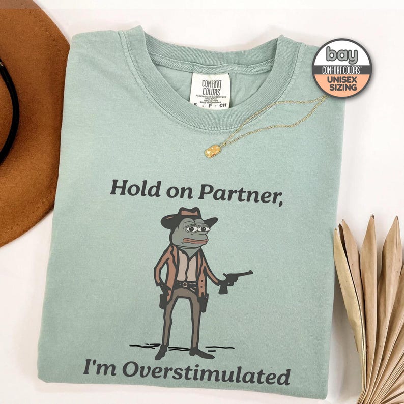 May include: A light green t-shirt with a cartoon frog wearing a cowboy hat and holding a gun. The text "Hold on Partner, I'm Overstimulated" is printed on the shirt.