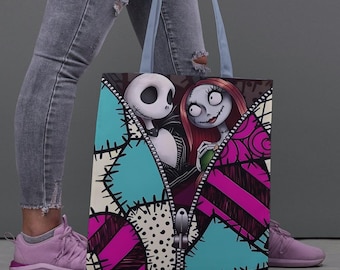 Jack and Sally Tote Bag, Jack and Sally Skellington Halloween Tote Bag