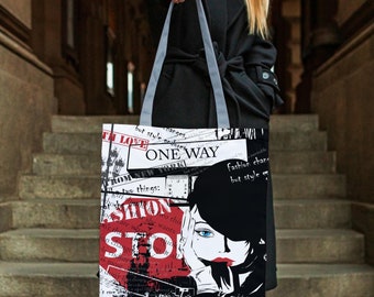 Borsa tote in tela con stampa retrò: borsa riutilizzabile alla moda