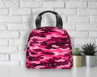 Pink Camo Lunch Bag | Sparkle Glitter Insulated Lunch Box for Women