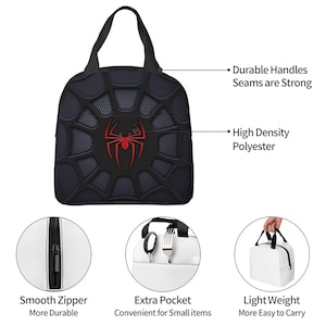 May include: Black lunch bag with a red spider web design and a red spider in the centre. The bag has a zipper closure, a top handle, and an extra pocket. The bag is made of high-density polyester and has durable handles.