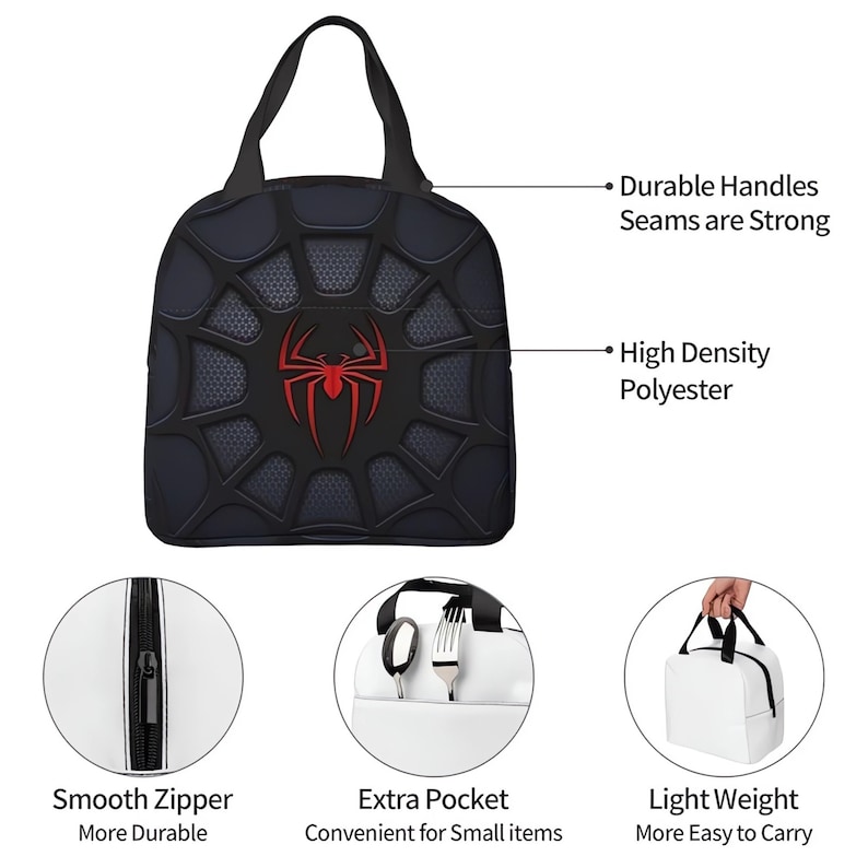 May include: Black lunch bag with a red spider web design and a red spider in the centre. The bag has a zipper closure, a top handle, and an extra pocket. The bag is made of high-density polyester and has durable handles.