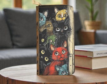 Colorful Peekaboo Kittens Zipper Wallet | Cat Face Illustration