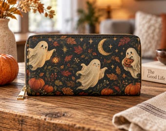 Ghosts Pumpkins and Crescent Moon Zipper Wallet | Halloween