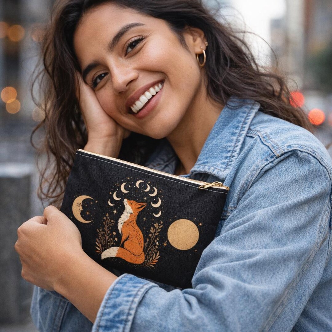 Moon Phases Fox Accessory Pouch | Celestial Fox Zodiac Cosmetic Bag - Etsy