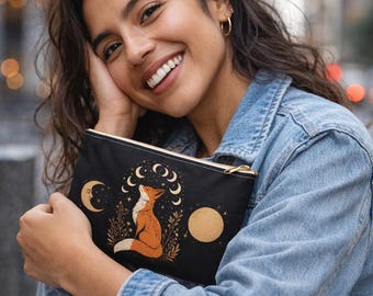 Moon Phases Fox Accessory Pouch | Celestial Fox Zodiac Cosmetic Bag