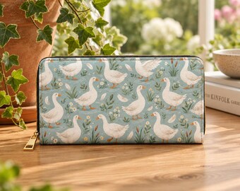 White Goose Floral Pattern Zipper Wallet for Women