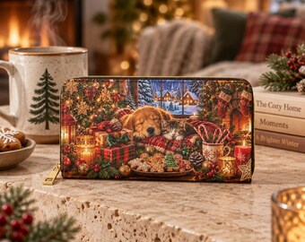 Christmas Puppy and Kitten by Tree Zipper Wallet