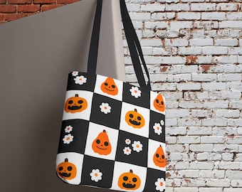 Cute Halloween Tote Bag | Pumpkin Checker Pattern | Fall Shopping Bag | Eco-Friendly Gift for Halloween Lovers, Trick or Treat Bag