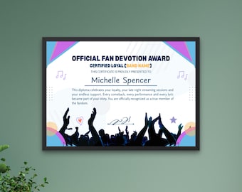 Diploma imprimible de devoción de fans del K-pop, certificado de K-pop personalizado, GIF de fandom personalizado