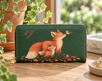 Personalized Fox Family Floral Zipper Wallet with INITIALS