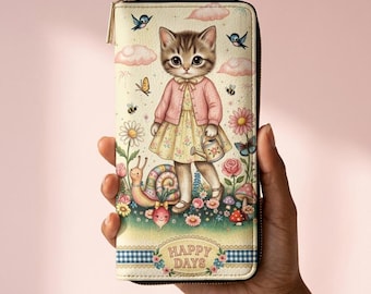 Vintage Cat in Pink Dress Floral Garden Zipper Wallet