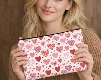 Pink Red Heart Pattern Accessory Pouch | Valentine Heart Print