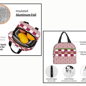 K&ouml;nnte beinhalten: Rosa-wei&szlig;e karierte Lunch-Tasche mit gr&uuml;nem Besatz. Die Tasche hat einen Rei&szlig;verschluss und zwei Griffe. Die Tasche ist mit Aluminiumfolie isoliert, um Lebensmittel frisch zu halten. Sie ist aus strapazierf&auml;higem Polyester gefertigt und leicht und einfach zu tragen.
