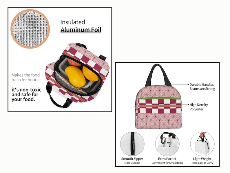K&ouml;nnte beinhalten: Rosa-wei&szlig;e karierte Lunch-Tasche mit gr&uuml;nem Besatz. Die Tasche hat einen Rei&szlig;verschluss und zwei Griffe. Die Tasche ist mit Aluminiumfolie isoliert, um Lebensmittel frisch zu halten. Sie ist aus strapazierf&auml;higem Polyester gefertigt und leicht und einfach zu tragen.