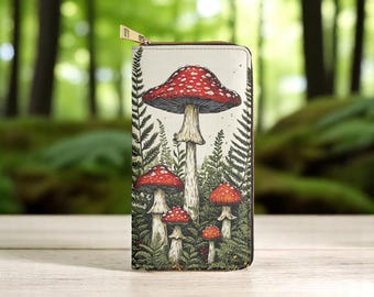 Mushroom Print Zipper Wallet: Forest Fern PU Leather Clutch