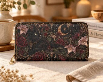 Celestial Black Cat and Roses Zipper Wallet