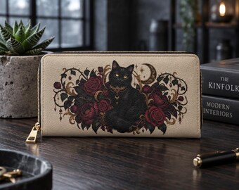 Black Cat and Roses Gothic Floral Zipper Wallet