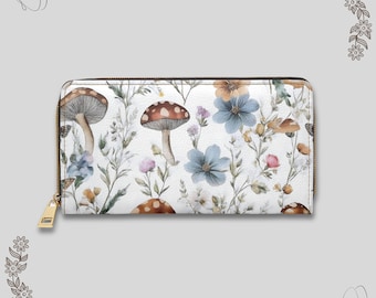 Wildflower and Mushroom Zipper Wallet | Botanical Butterfly Floral Pattern