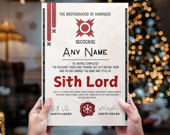Sith Lord Certificate - Personalized with your name. Galactic Empire Jedi Diploma