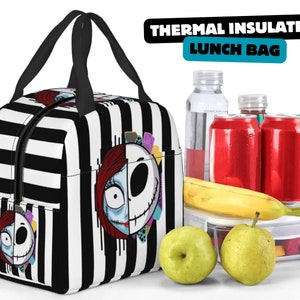 May include: Black and white striped lunch bag with a colorful graphic of Jack Skellington and Sally from The Nightmare Before Christmas. The bag has a zipper closure and a top handle.  "Thermal Insulated Lunch Bag" is written in blue text on a white background.  "Free Shipping" is written in white text on a blue background.