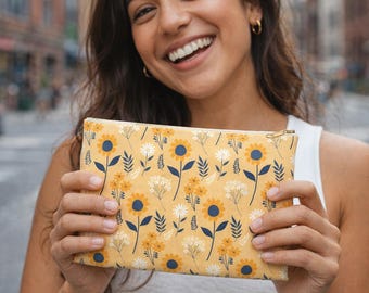 Yellow Wildflower Pattern Accessory Pouch | Floral Makeup or Snack Bag