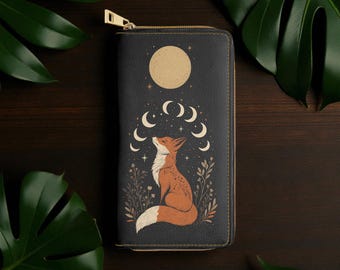 Moonfox Geldbörse, Brieftasche aus veganem Leder, Reißverschluss Geldbörse, Geldbörse, Kartenhalter,