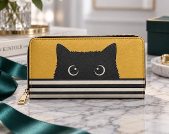 Black Cat Peeking Striped Design Zipper Wallet, Cute Cat Lover Gift, Cat Mom, Animal Lover