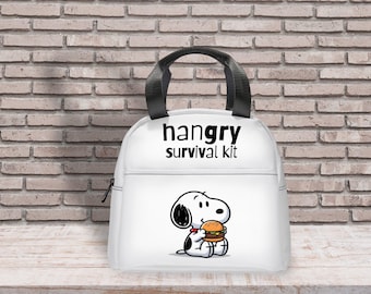 Beagle Dog Lunch Bag – Insulated White Tote, “Hangry Survival Kit” with Cartoon Dog & Burger
