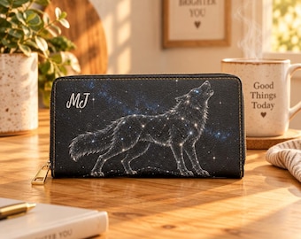 Personalized Howling Wolf Under Starry Sky Zipper Wallet with your Initials