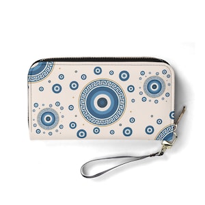 Evil Eye PU Leather Wallet – Zippered Wristlet Clutch for Women – Nazar Protective Zip Wallet – Greek Boho Travel Organizer