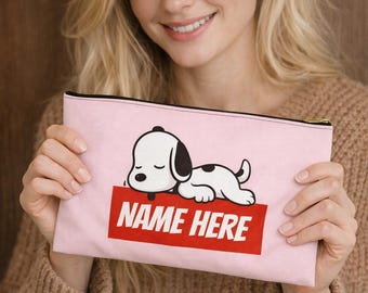 Custom Sleeping Beagle Accessory pouch | Pink heart cosmetic bag