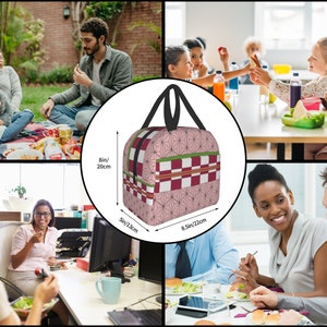 K&ouml;nnte beinhalten: Eine rosa und gr&uuml;ne Lunch-Tasche mit einem karierten Muster und einem Blumendesign. Die Tasche ist 22 cm breit und 20 cm hoch.