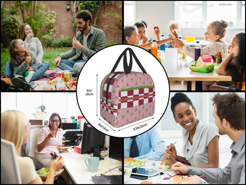 K&ouml;nnte beinhalten: Eine rosa und gr&uuml;ne Lunch-Tasche mit einem karierten Muster und einem Blumendesign. Die Tasche ist 22 cm breit und 20 cm hoch.
