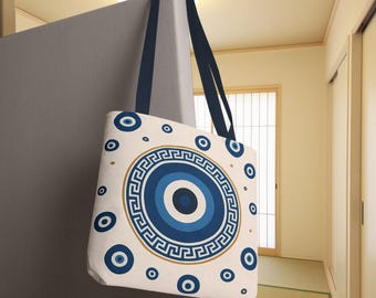 Evil Eye Nazar Greek Pattern Tote Bag, Reusable Market Bag, Boho Shoulder Bag, Beach Tote, Grocery Bag, Eco-Friendly Shopping Bag