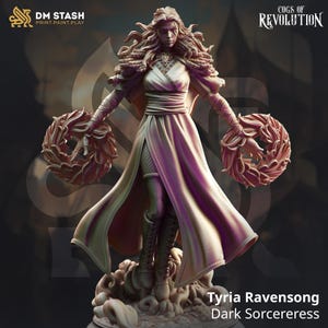 May include: A miniature figurine of a female sorceress with long flowing hair, wearing a flowing white robe and holding two flaming wreaths. The figurine is standing on a cloud-like base. The text "Tyria Ravensong Dark Sorceress" is printed below the figurine.