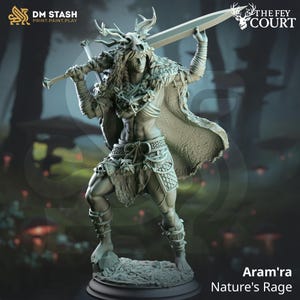 May include: A detailed figurine of a warrior, holding a large sword overhead. The figure is adorned with antlers, a skull, and fur accents. The base reads "Aram'ra Nature's Rage". The background is a blurred forest scene.