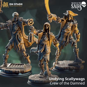 May include: Three skeletal pirate figurines with detailed coats, hats, and weapons. One holds a lantern, another a sword, and the third a chain. The figures stand on wooden platforms. Text on the image reads "Undying Scallywags Crew of the Damned."