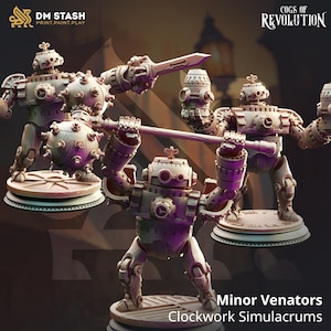 May include: Four miniature steampunk robots, or clockwork simulacrums, with different poses and weapons. The robots are made of metal and have a bronze color. The text "Minor Venators Clockwork Simulacrums" is at the bottom of the image.