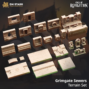 May include: A collection of brown and beige terrain pieces for tabletop gaming, including walls, platforms, and sewer elements. The set features the text "Grimgate Sewers Terrain Set" and logos for "DM Stash" and "Cogs of Revolution".