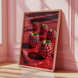 Op de afbeelding: Een ingelijste kunstdruk met een stilleven van geometrische frambozen. De frambozen hebben een mozaïkachtig ontwerp in rood en zilver. De print wordt gepresenteerd tegen een roze muur en een houten vloer.